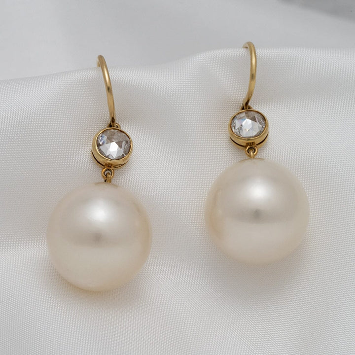 South Sea Cultured Pearl and Diamond Earrings; 2 Drop Pearls 16.4 x 15.7