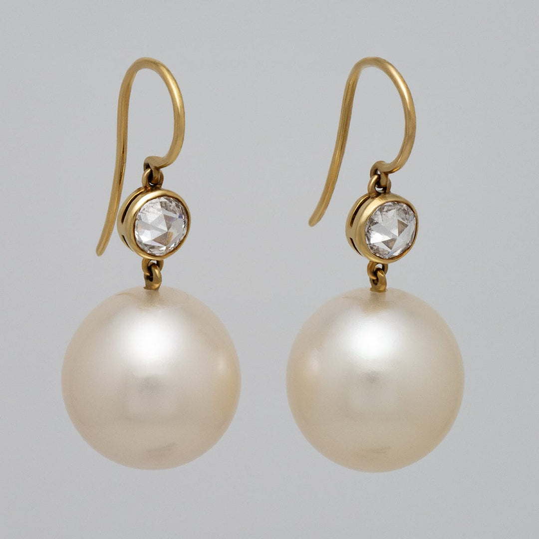 South Sea Cultured Pearl and Diamond Earrings; 2 Drop Pearls 16.4 x 15.7 mm