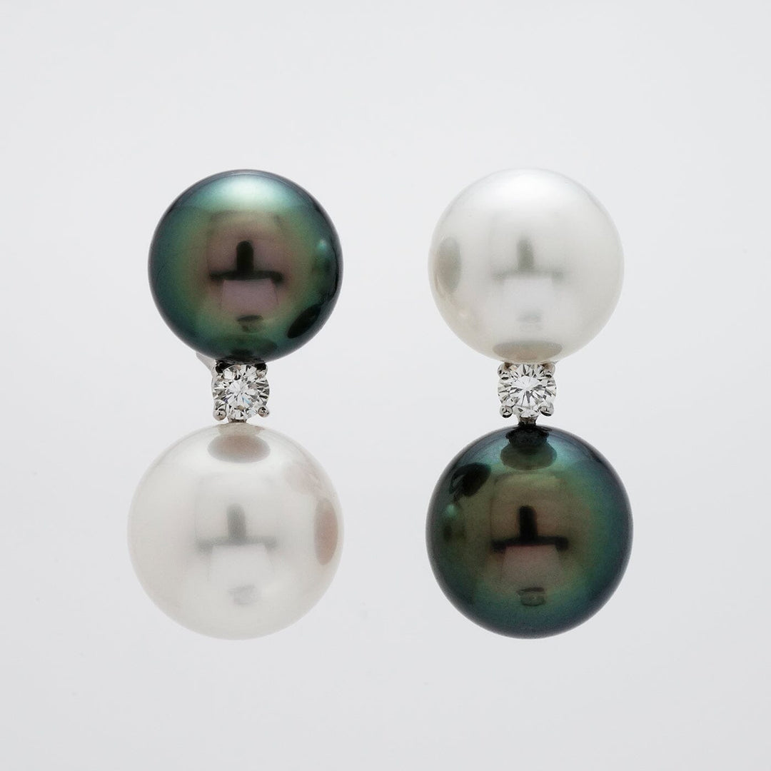Assael Collection: 13 mm and 14 mm Tahitian & South Sea Pearl and Diamond Earrings featuring lustrous black and white pearls accented with sparkling diamonds for elegant style.