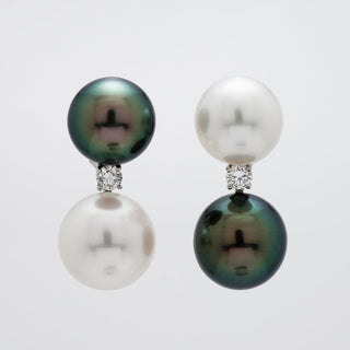 Assael Collection: 13 mm and 14 mm Tahitian & South Sea Pearl and Diamond Earrings featuring lustrous black and white pearls accented with sparkling diamonds for elegant style.