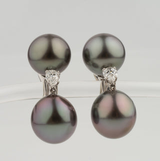 Assael Collection: 12.0–13.0 mm and 13.0–13.0 mm Tahitian Pearl and Diamond Earrings featuring lustrous black Tahitian pearls accented with sparkling diamonds on elegant settings.