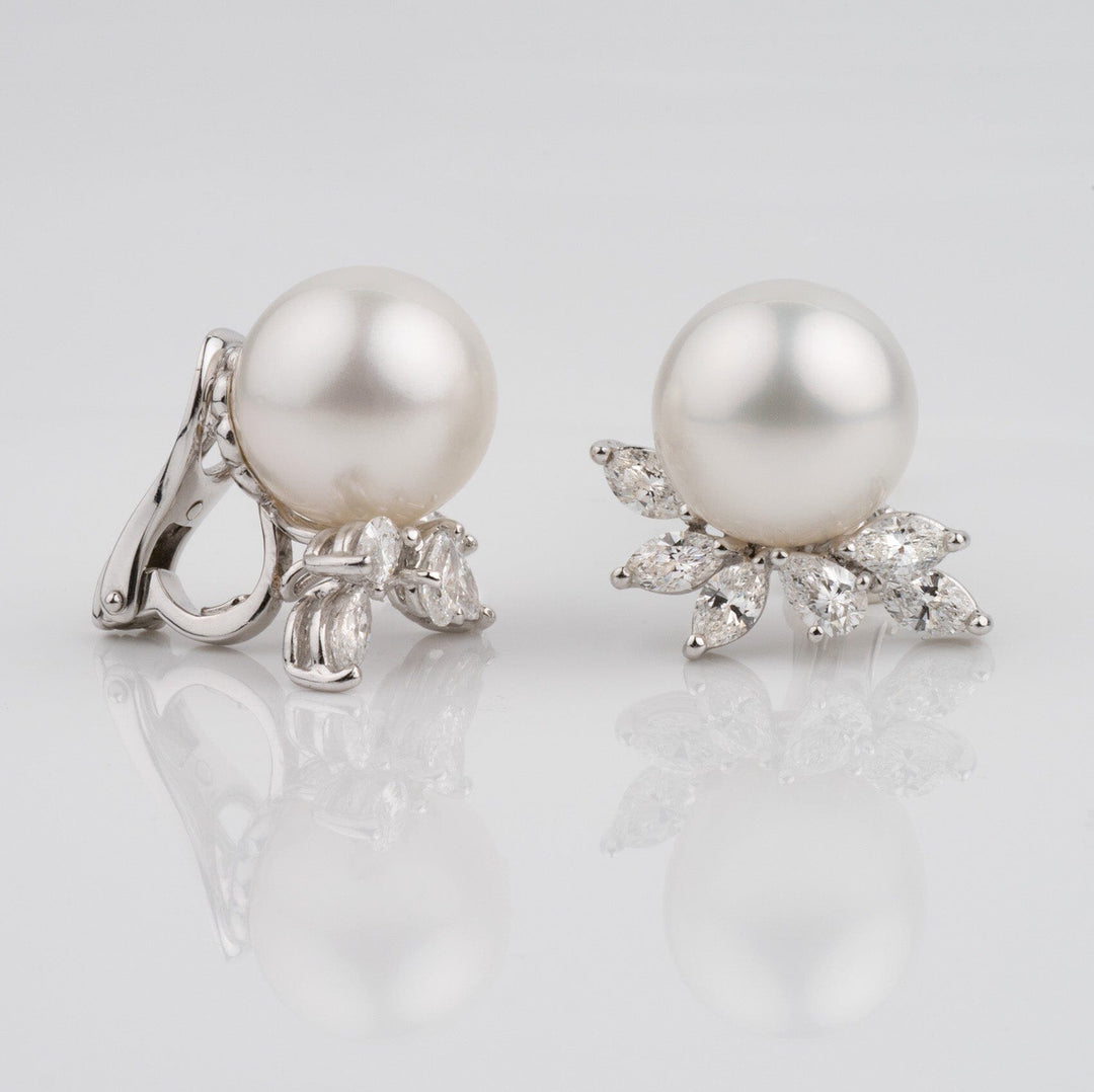 Assael Collection: 12.0 mm White South Sea Pearl and Diamond Clip Earrings