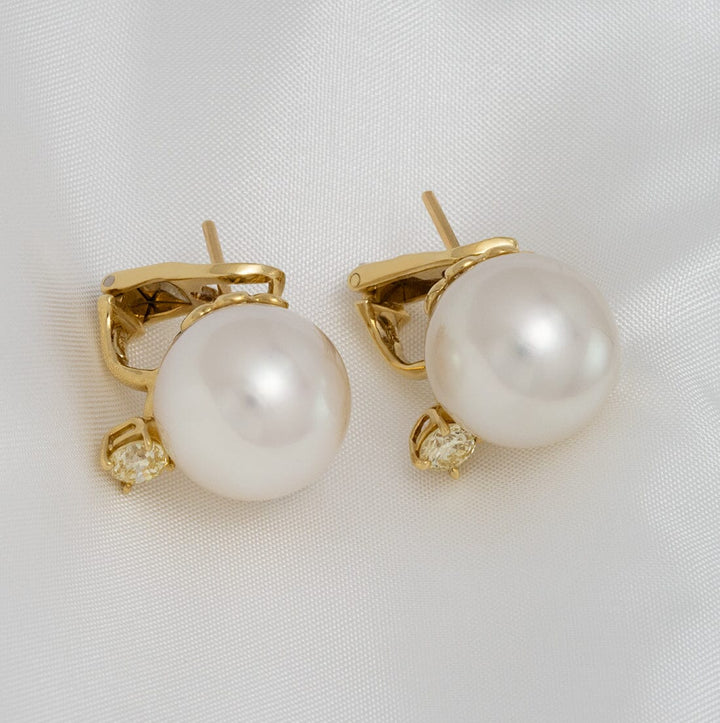 13.7 and 13.6 mm White South Sea Pearl and Diamond Earrings