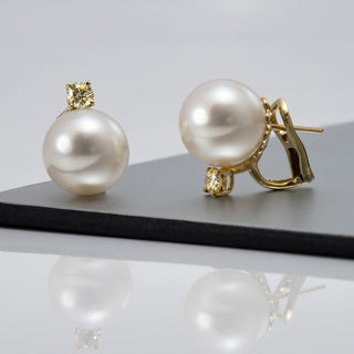 13.7 and 13.6 mm White South Sea Pearl and Diamond Earrings