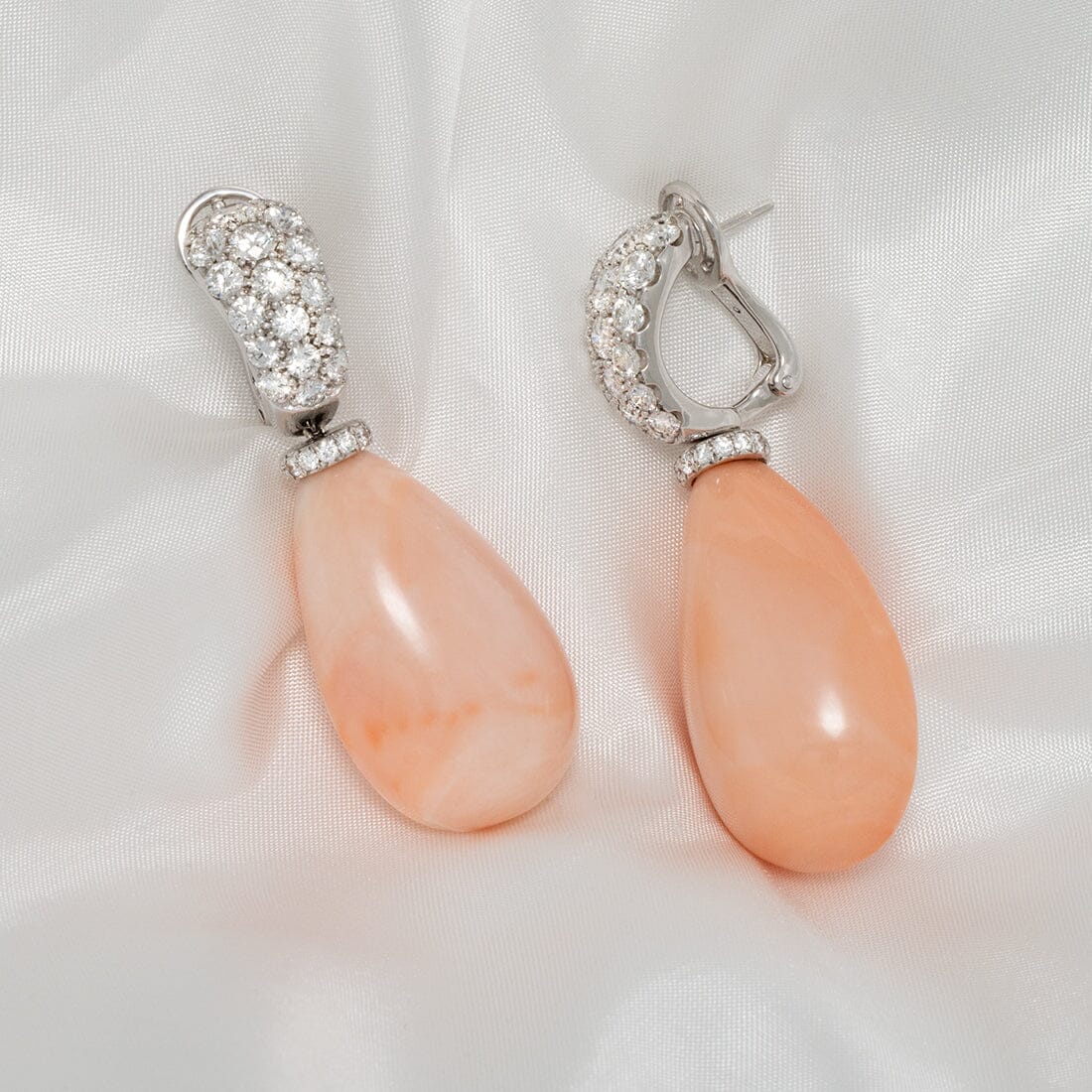 Assael Collection: 33.4 x 20.6 mm Angel Skin Coral and Diamond Earrings, 18K White Gold