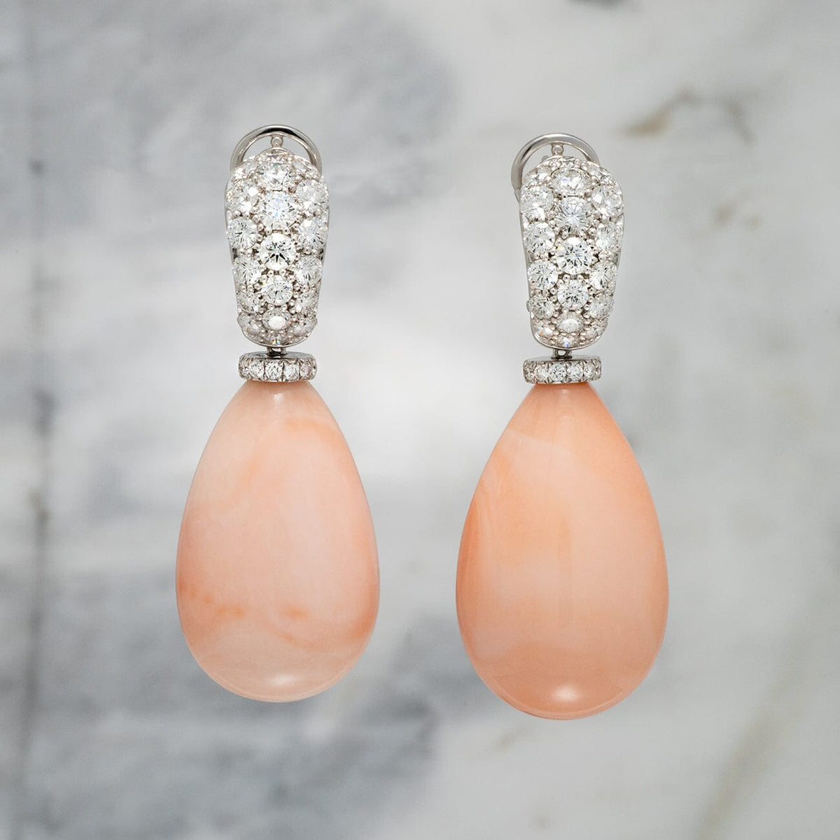 Assael Collection: 33.4 x 20.6 mm Angel Skin Coral and Diamond Earrings, 18K White Gold