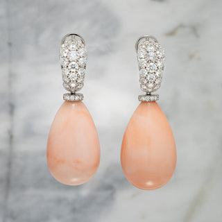 Assael Collection: 33.4 x 20.6 mm Angel Skin Coral and Diamond Earrings, 18K White Gold