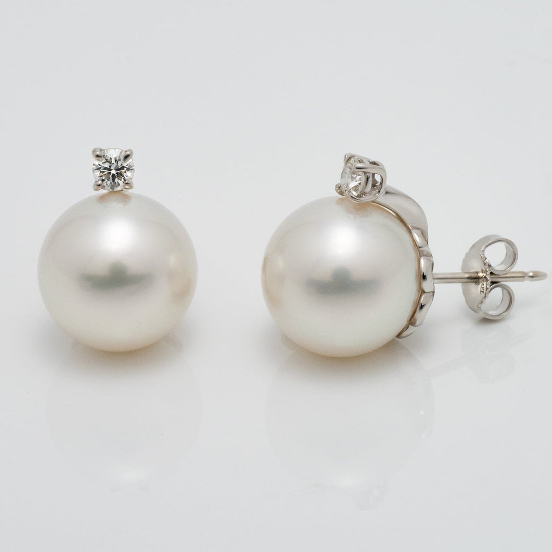 13 mm white south sea pearl and diamond earrings 18K white Gold
