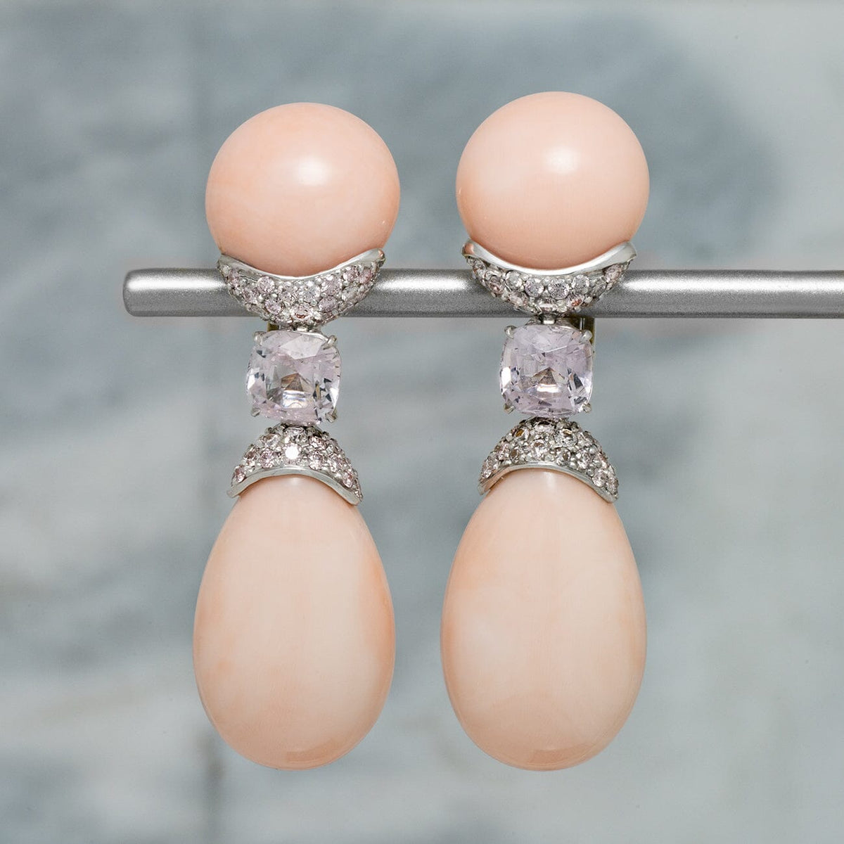 Assael Collection: Angel Skin Coral, Pink Tourmaline, and Fancy Pink Diamond Earrings, Platinum