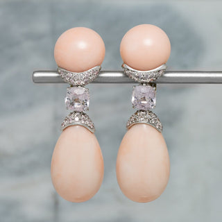 Assael Collection: Angel Skin Coral, Pink Tourmaline, and Fancy Pink Diamond Earrings, Platinum