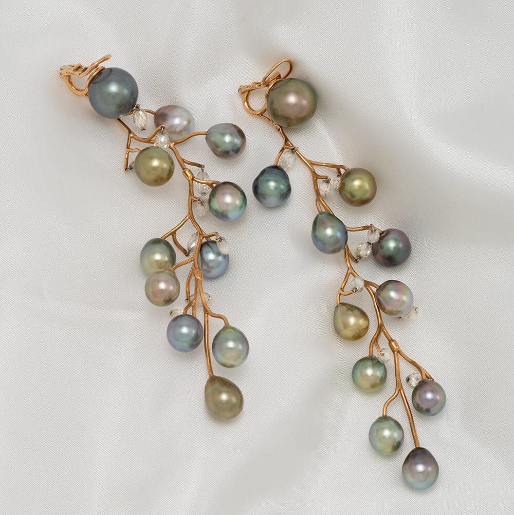 9.0-14.0 mm Fijian Pearl and Diamond Vine style Earrings with 18K Rose Gold