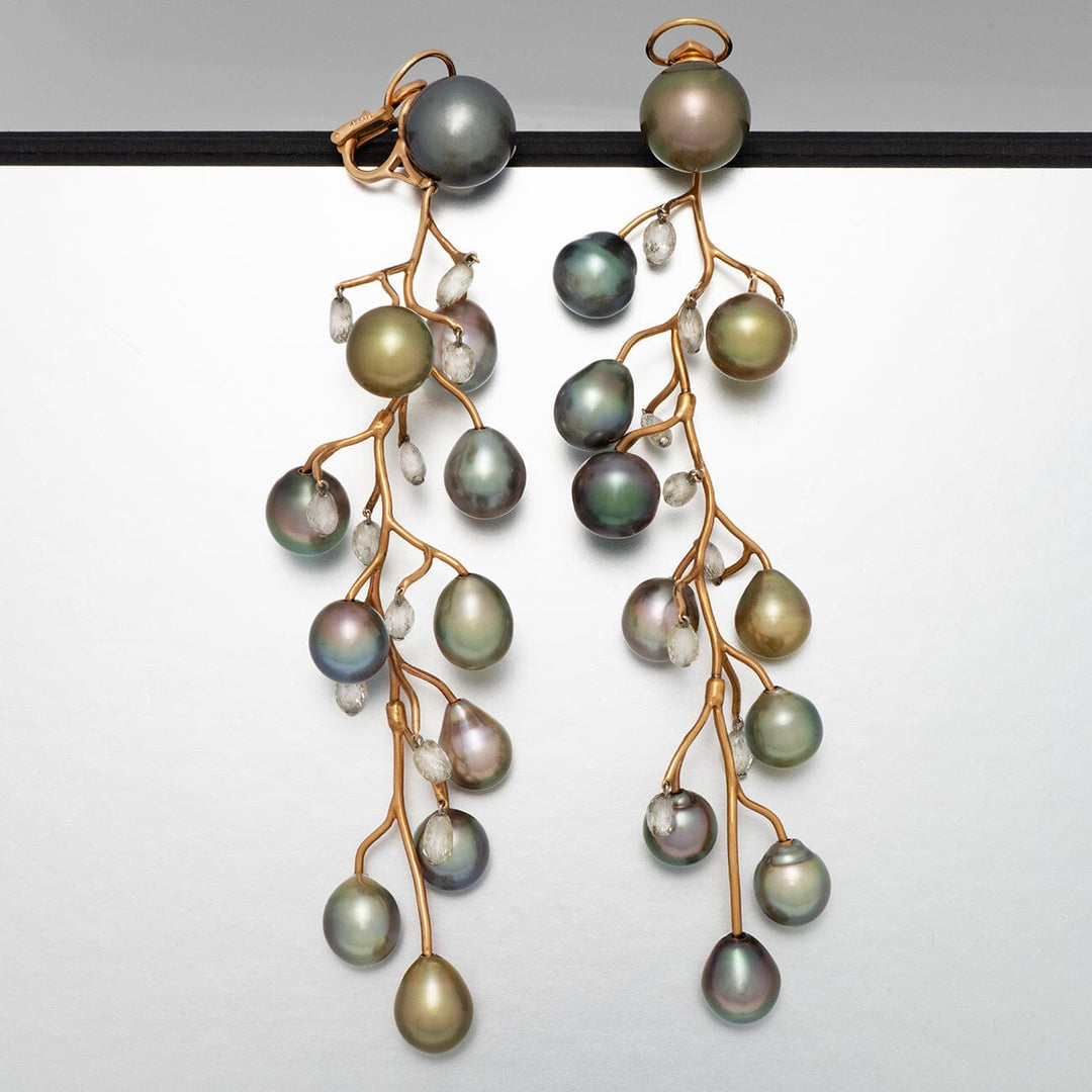 9.0-14.0 mm Fijian Pearl and Diamond Vine style Earrings with 18K Rose Gold