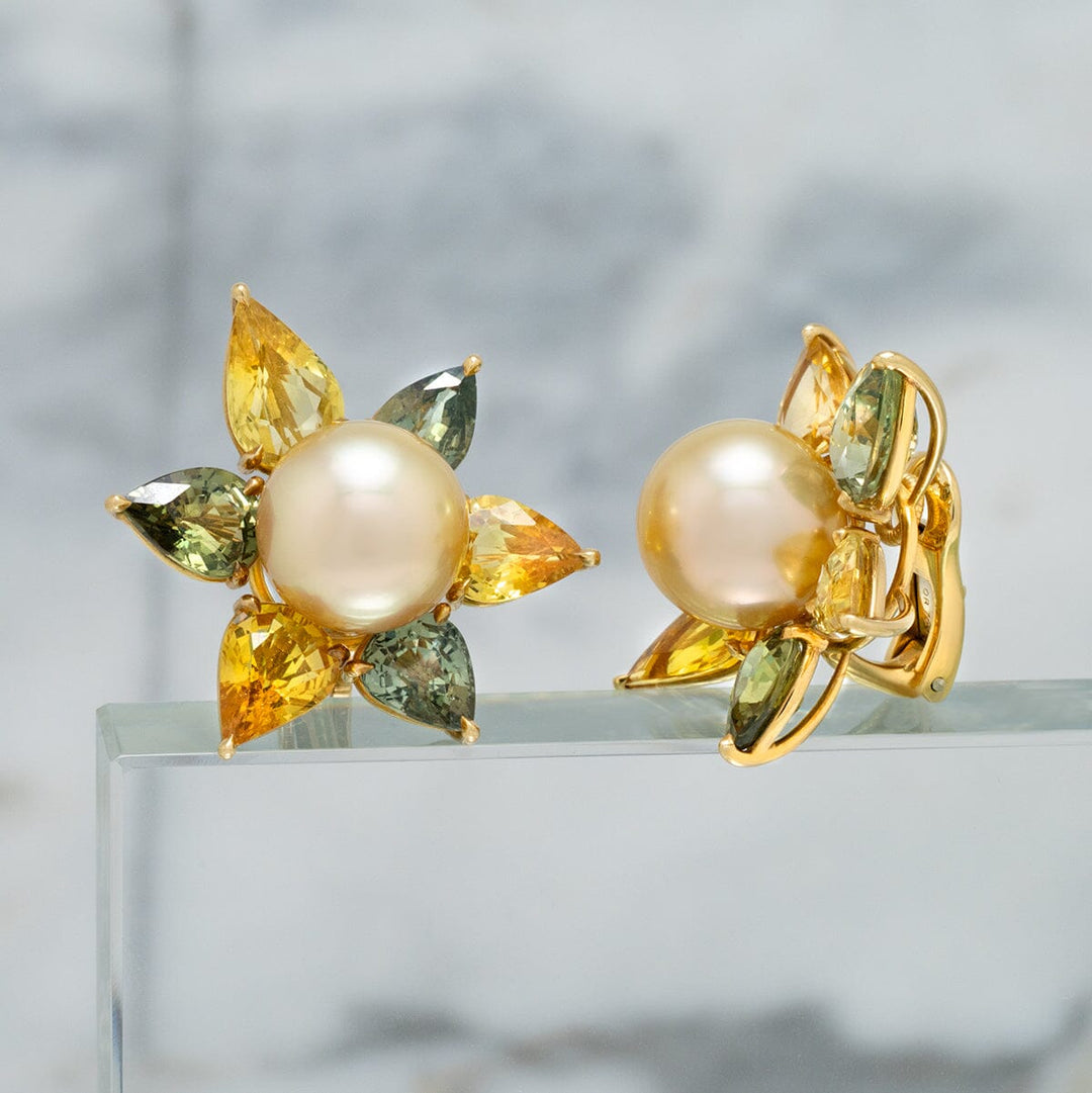 Assael Collection: 12.8 x 12.5 mm Golden South Sea Pearl and Sapphire Flower Earrings, 18K Green Gold