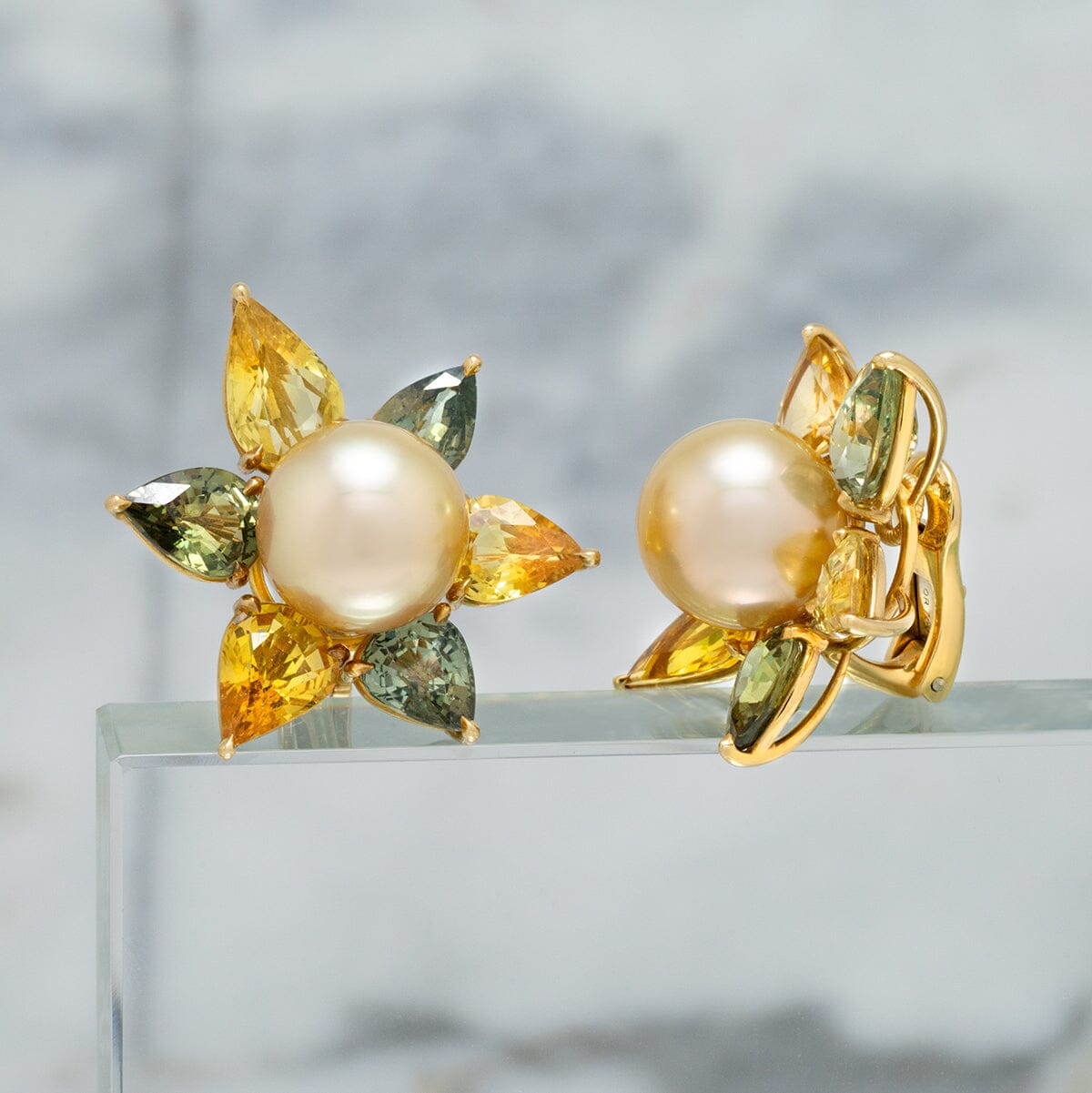 Assael Collection: 12.8 x 12.5 mm Golden South Sea Pearl and Sapphire Flower Earrings, 18K Green Gold
