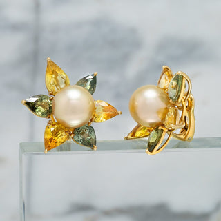 Assael Collection: 12.8 x 12.5 mm Golden South Sea Pearl and Sapphire Flower Earrings, 18K Green Gold