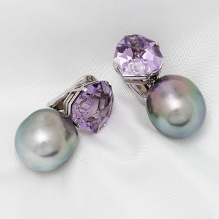 Assael Collection: 14.9–15.2 mm Tahitian Pearl and Amethyst Clip Earrings featuring lustrous black Tahitian pearls paired with faceted purple amethyst gemstones on 14K white gold clip backs.