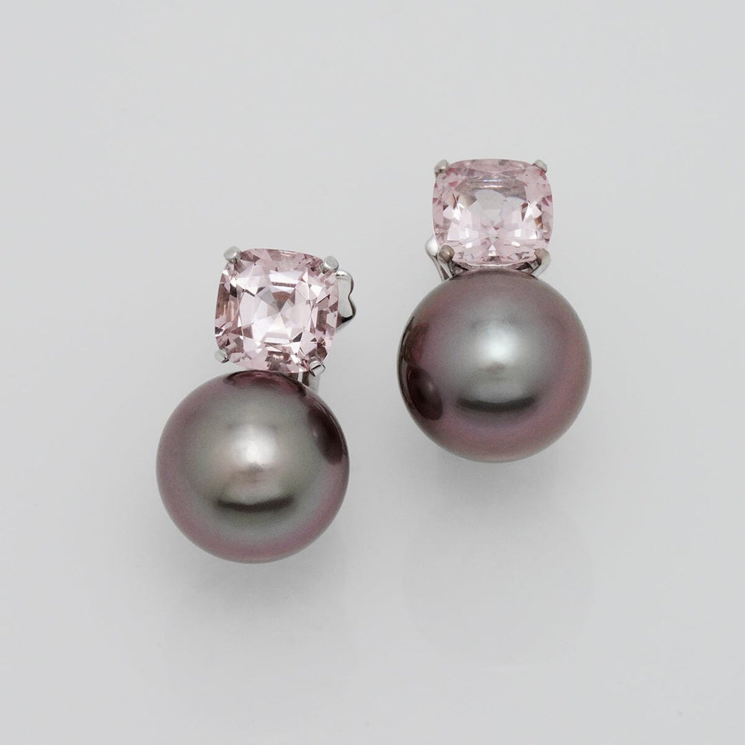 Assael Collection: 11.9–12.0 mm Tahitian Pearl and Morganite Clip Earrings featuring lustrous dark Tahitian pearls paired with sparkling pale pink morganite gemstones for an elegant look.