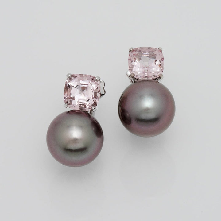 Assael Collection: 11.9–12.0 mm Tahitian Pearl and Morganite Clip Earrings featuring lustrous dark Tahitian pearls paired with sparkling pale pink morganite gemstones for an elegant look.