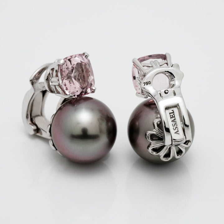 Assael Collection: 11.9–12.0 mm Tahitian Pearl and Morganite Clip Earrings featuring lustrous dark Tahitian pearls paired with soft pink morganite stones set in elegant white metal clips.