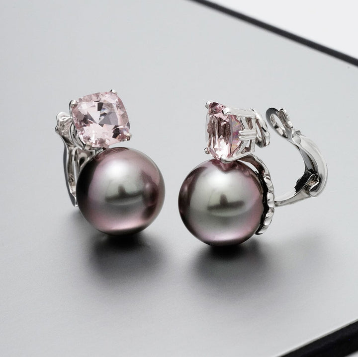 Assael Collection: 11.9–12.0 mm Tahitian Pearl and Morganite Clip Earrings featuring lustrous dark Tahitian pearls paired with soft pink morganite gemstones set in polished metal clips.