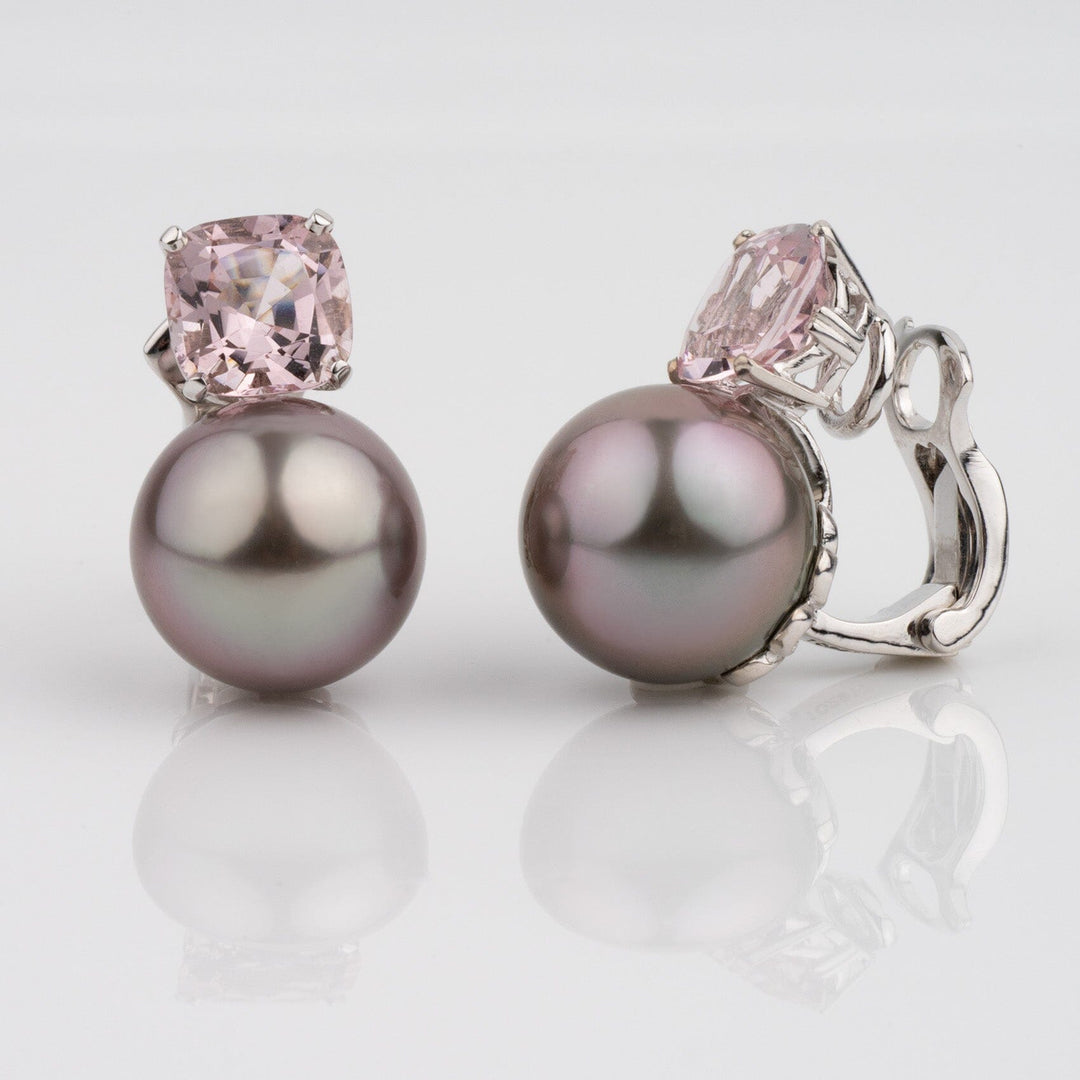 Assael Collection: 11.9–12.0 mm Tahitian Pearl and Morganite Clip Earrings