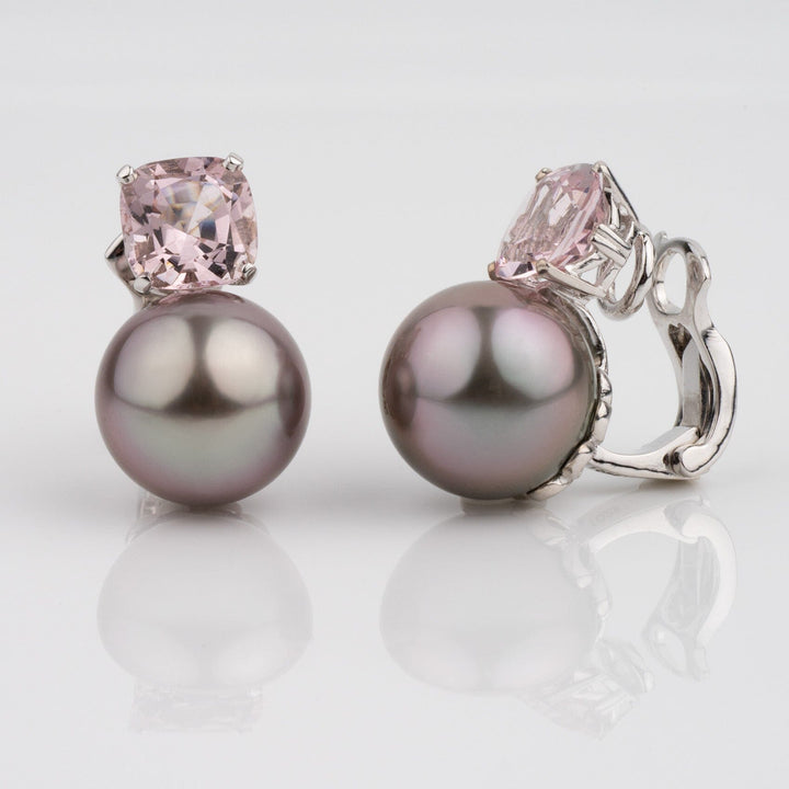 Assael Collection: 11.9–12.0 mm Tahitian Pearl and Morganite Clip Earrings featuring lustrous dark Tahitian pearls paired with sparkling pink morganite stones set in polished metal clips.