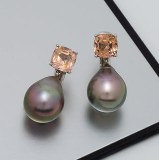 Assael Collection: 16.3x13.0 mm Tahitian Pearl and Tourmaline Earrings featuring lustrous dark Tahitian pearls with sparkling champagne-colored tourmaline gemstones set in elegant metal clasps.