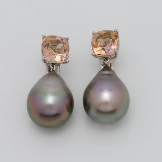 Assael Collection: 16.3x13.0 mm Tahitian Pearl and Tourmaline Earrings featuring lustrous dark pearls paired with sparkling peach-colored tourmaline stones.