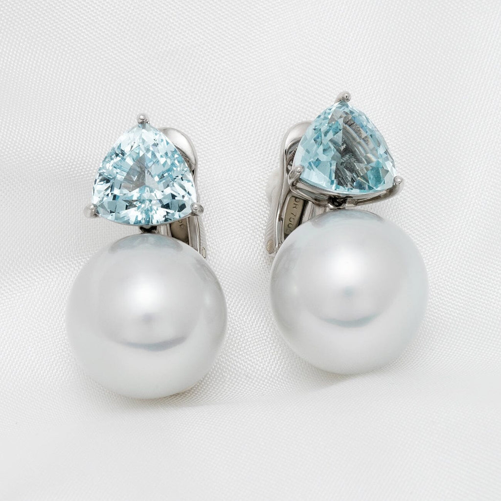 Assael Collection: 15 mm South Sea Pearl and Aquamarine Earrings