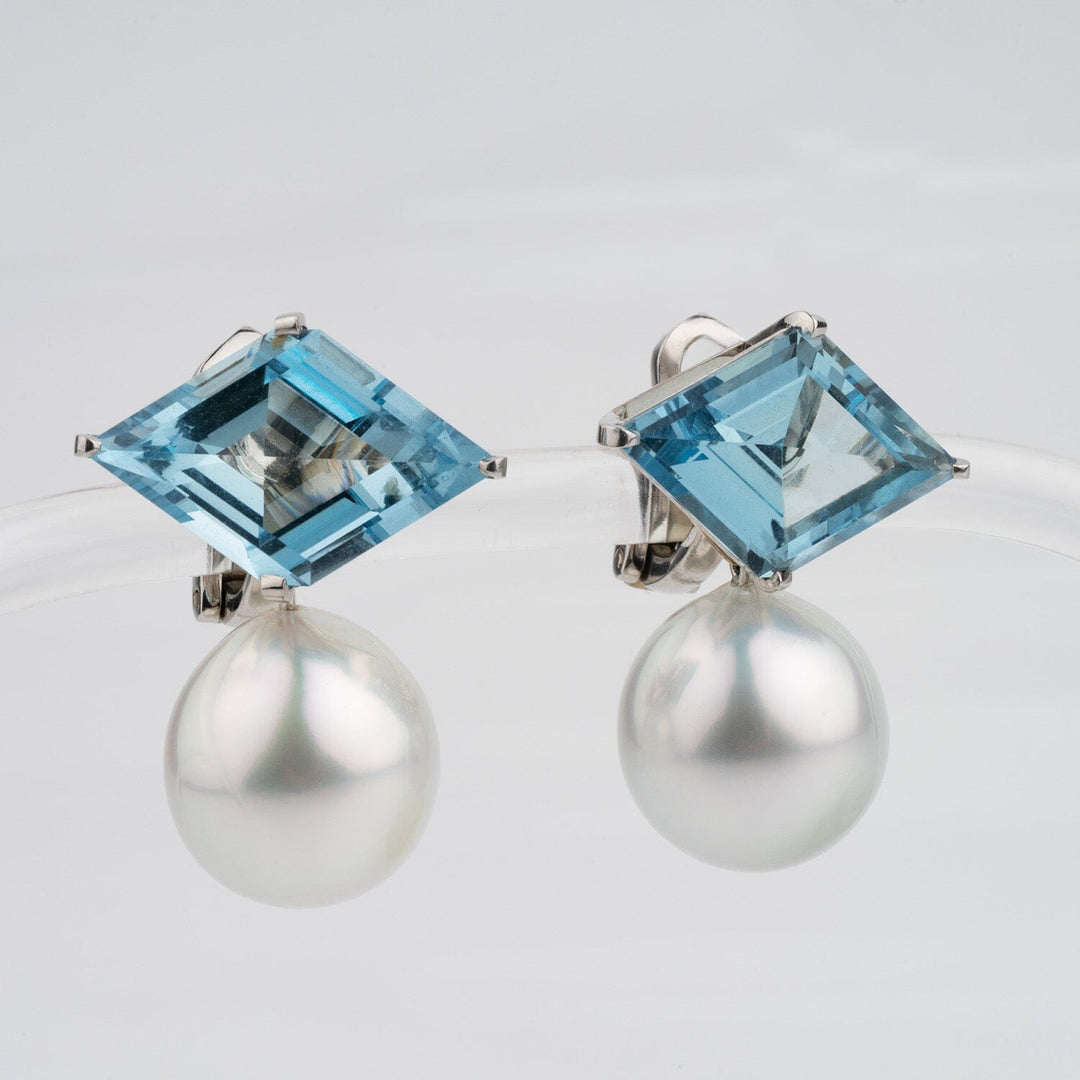 Assael Collection: 13.0–14.3 mm White South Sea Pearl and Aquamarine Earrings