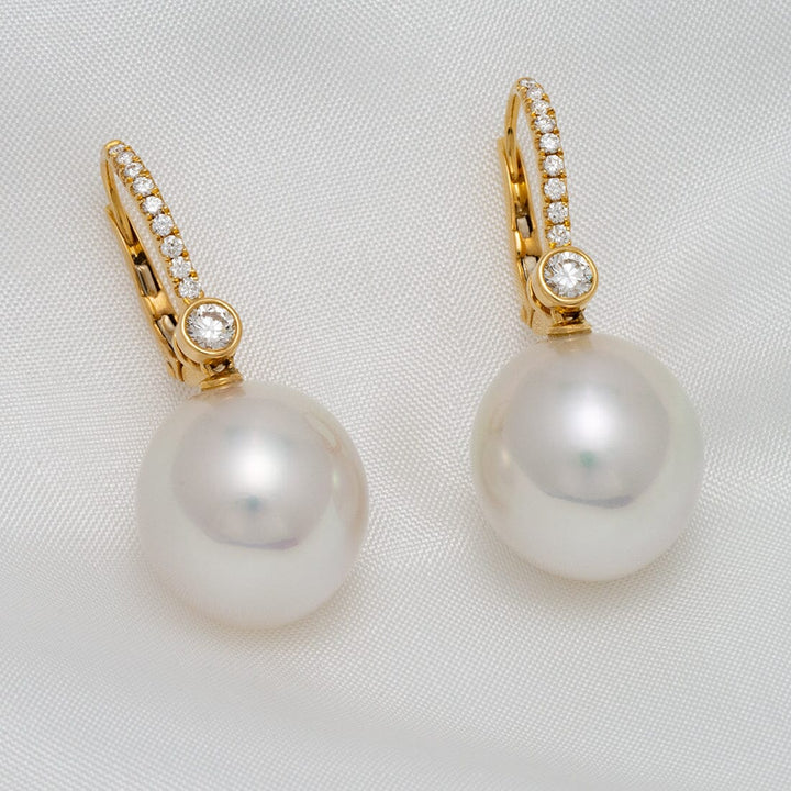 Assael Collection: 14.8 & 13.9 mm White South Sea Pearl and Diamond Earrings