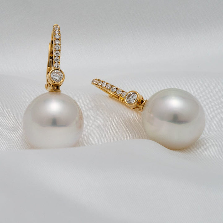 Assael Collection: 14.8 & 13.9 mm White South Sea Pearl and Diamond Earrings