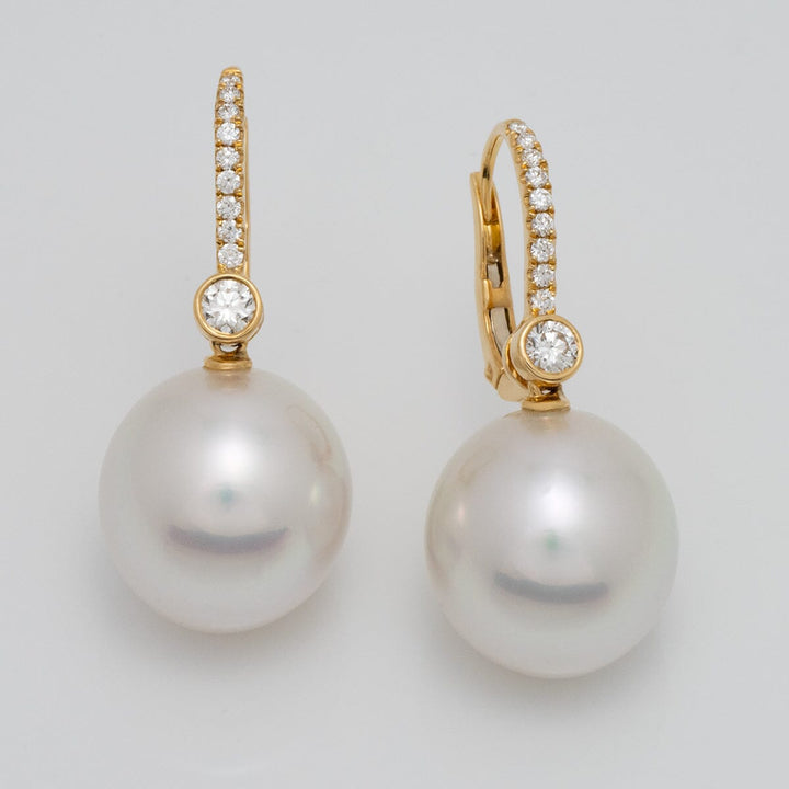Assael Collection: 14.8 & 13.9 mm White South Sea Pearl and Diamond Earrings