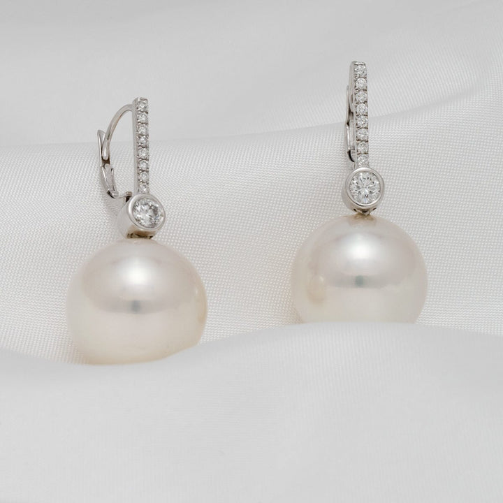 15.5 & 15.4 mm Round White south sea pearl and diamond earrings