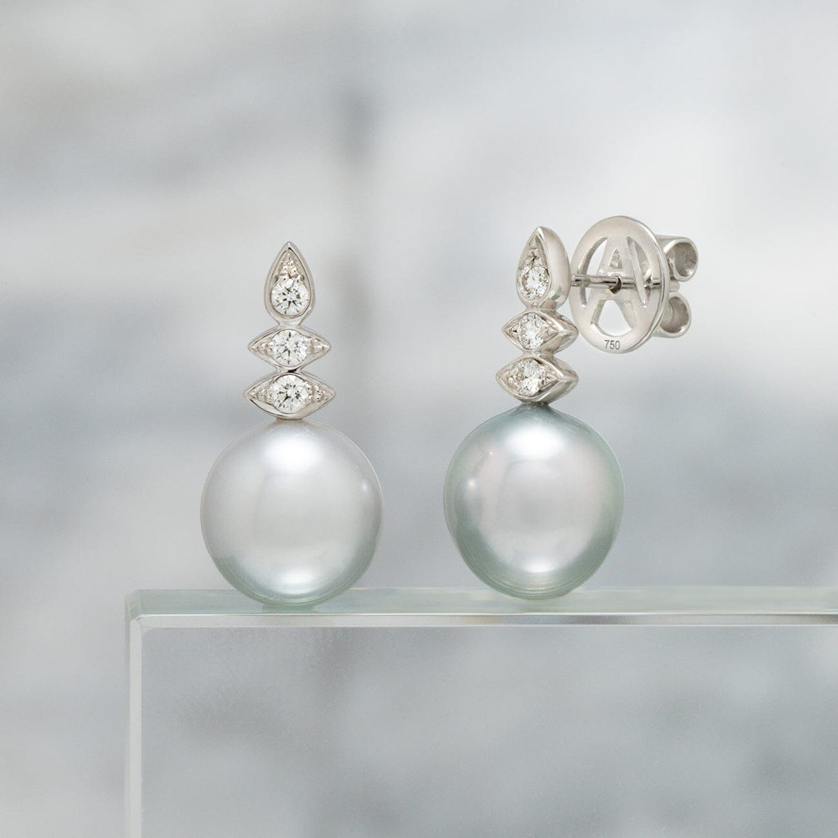 Assael Collection: 11.3 x 10.5 mm Tahitian Pearl and Diamond Earrings, 18K White Gold