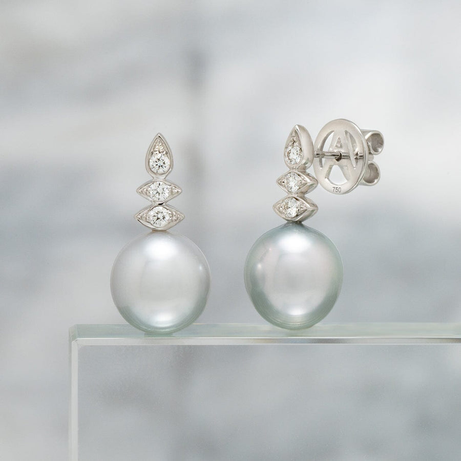 Assael Collection: 11.3 x 10.5 mm Tahitian Pearl and Diamond Earrings, 18K White Gold