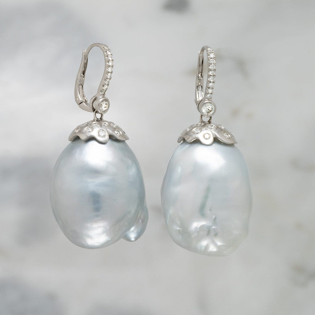 Assael Collection: 27.2 x 24.5 mm Baroque South Sea Pearl and Diamond Earrings, 18K White Gold