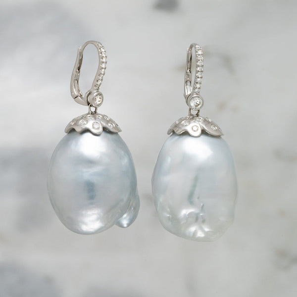 Assael Collection: 27.2 x 24.5 mm Baroque South Sea Pearl and Diamond Earrings, 18K White Gold