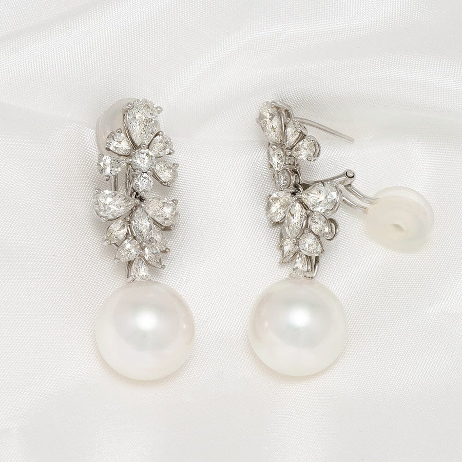 14.0-15.0 mm White South Sea Pearl and Diamond Earrings