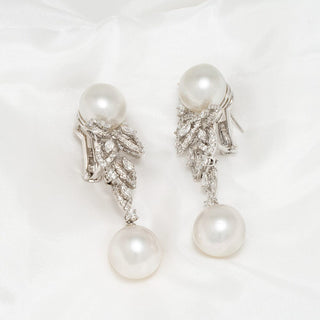 14.0-15.0 mm White South Sea Pearl and Diamond Earrings