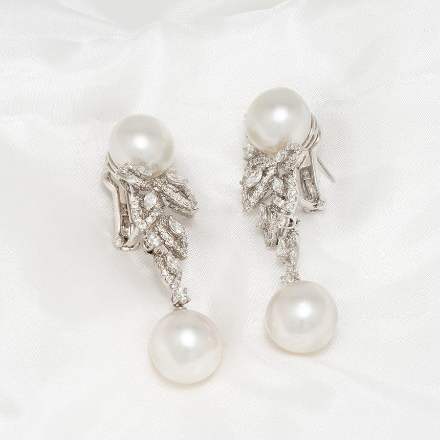 14.0-15.0 mm White South Sea Pearl and Diamond Earrings