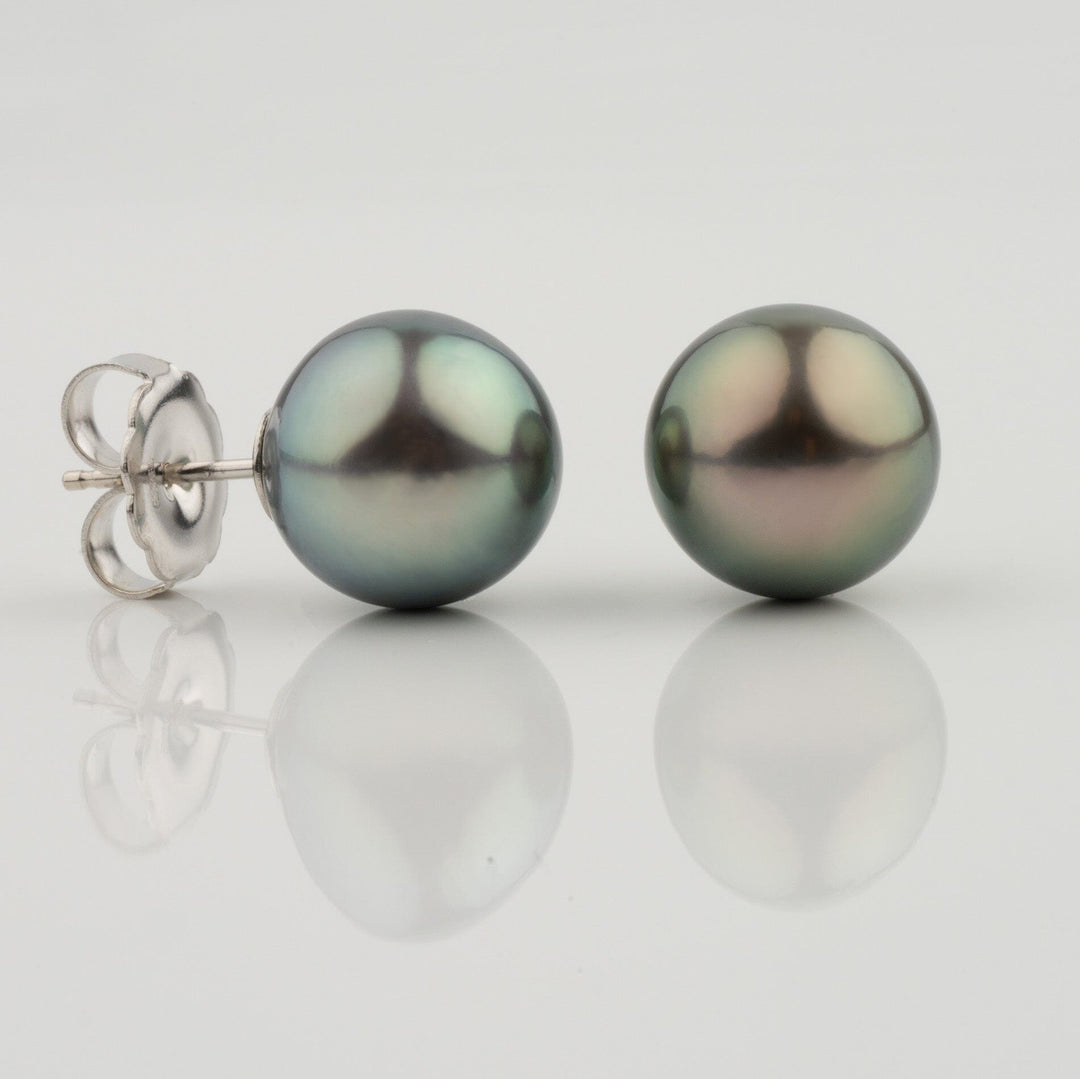 Assael Collection: 12.0–13.0 mm Tahitian Pearl Stud Earrings featuring lustrous dark tahitian pearls with subtle green and purple overtones set on silver posts against a white background.
