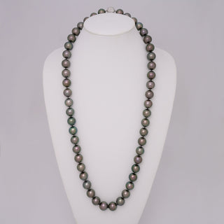 Assael Collection: 15.0–16.9 mm Round Tahitian Pearl and Diamond Necklace, 32.5 inches displayed on a white bust, featuring dark, lustrous cultured pearls and a diamond clasp.