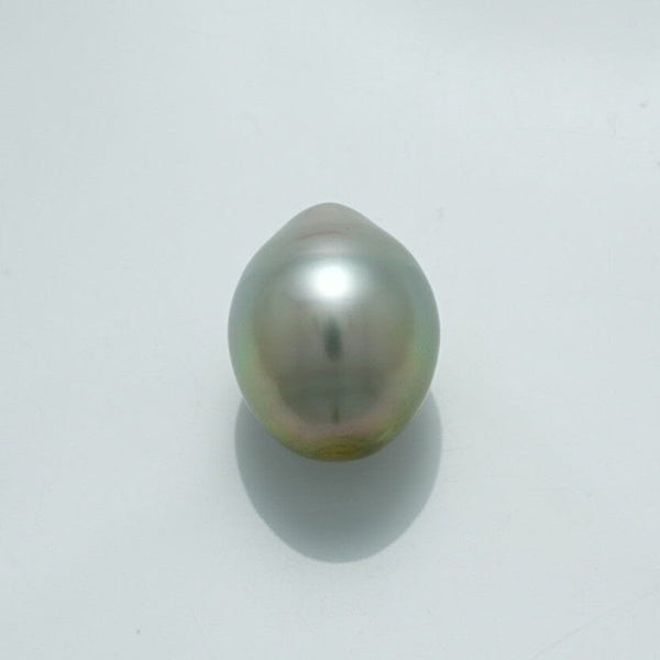 13.2 x 10.5 mm Fijian Drop Pearl with a smooth surface and subtle metallic luster, showcasing a natural gray-green hue typical of fine cultured pearls.