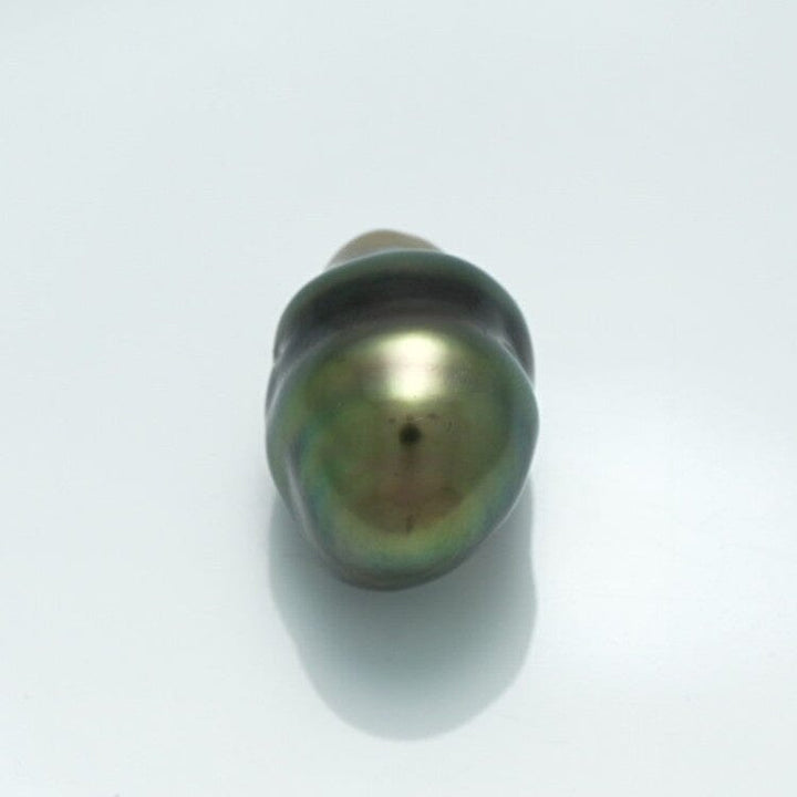 15.4 x 10.7 mm Fijian Keshi Pearl displaying a unique organic shape with lustrous dark green and subtle iridescent hues, perfect for fine pearl jewelry designs.