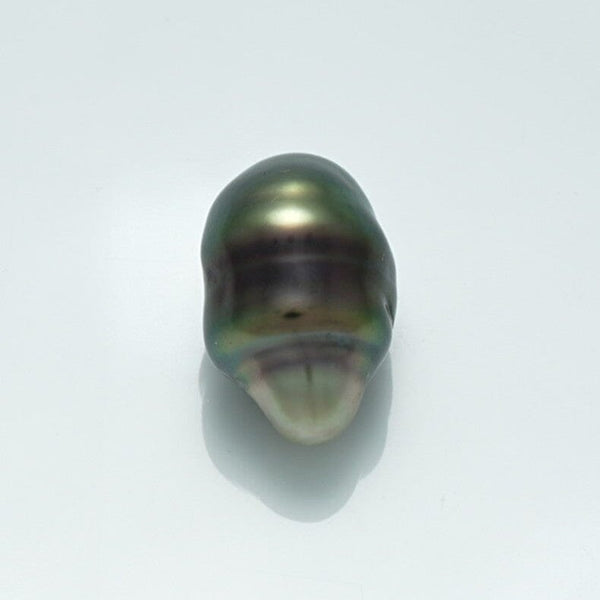 15.4 x 10.7 mm Fijian Keshi Pearl with an irregular shape and deep green-black iridescent surface, showcasing natural luster and unique organic form.
