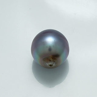 14.0 x 12.8 mm Fijian Drop Pearl with natural dark iridescent tones showing hints of green and purple on a smooth surface against a light background.