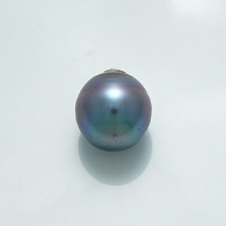14.0 x 12.8 mm Fijian Drop Pearl with deep iridescent hues of blue, green, and purple, showcasing a smooth surface and natural drop shape unique to cultured pearls.