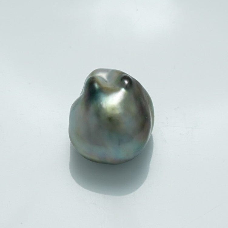 14.7 x 13.5 mm Fijian Keshi Pearl with an irregular shape and lustrous natural gray and green overtones, showcasing the unique beauty of fine cultured pearls.