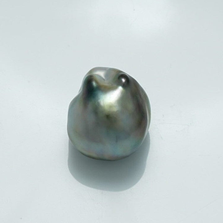 14.7 x 13.5 mm Fijian Keshi Pearl with an irregular shape and lustrous natural gray and green overtones, showcasing the unique beauty of fine cultured pearls.